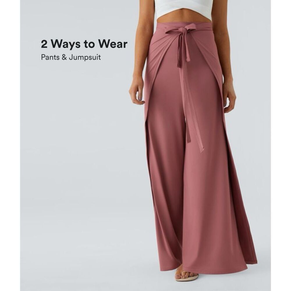 Halara High Waisted Tie Front Palazzo Wide Leg Flowy Casual Pants Light Rose Red
